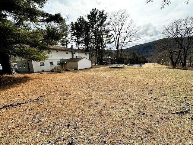 view of yard with a trampoline, a mountain view, a storage unit, and an outdoor structure