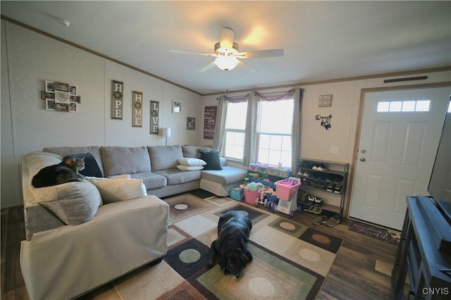 living room featuring crown molding, ceiling fan, wood finished floors, and visible vents