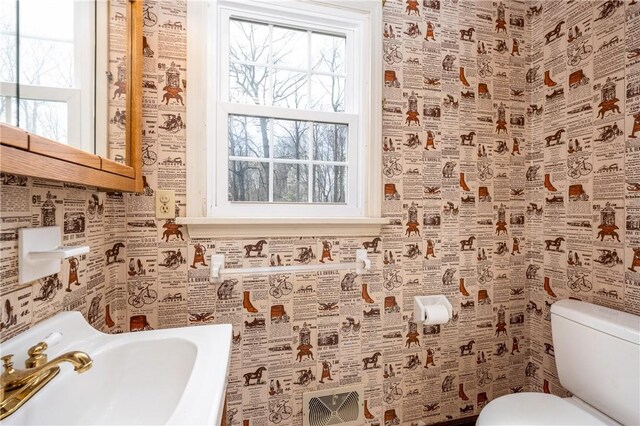 bathroom featuring toilet, a sink, and a wealth of natural light