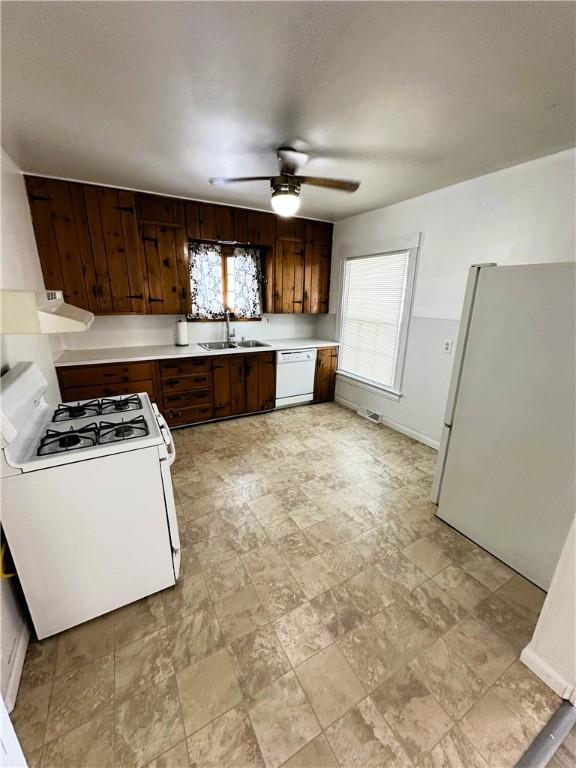 kitchen featuring a sink, ceiling fan, white appliances, a healthy amount of sunlight, and light countertops