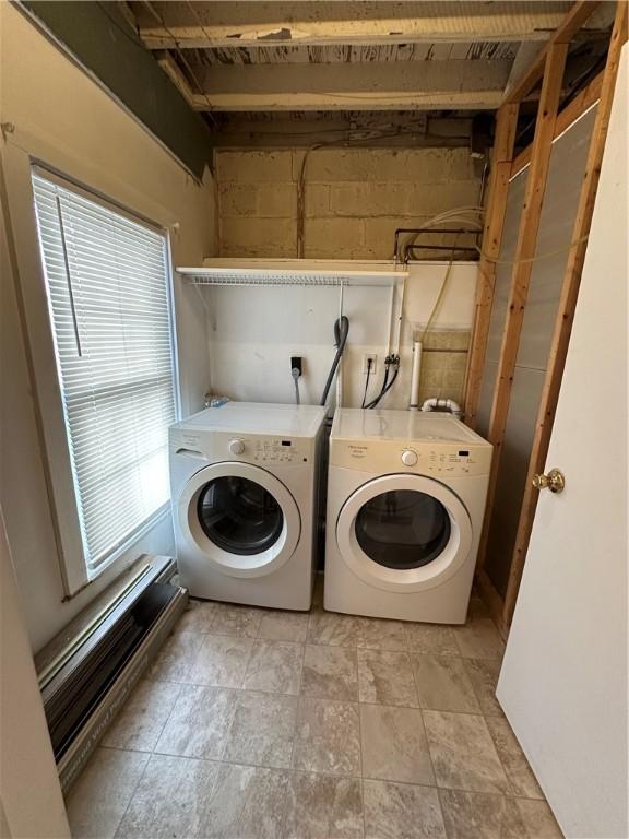 washroom with washer and clothes dryer, concrete block wall, and laundry area