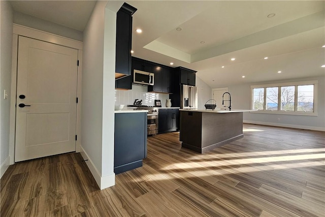 kitchen with baseboards, wood finished floors, appliances with stainless steel finishes, and light countertops