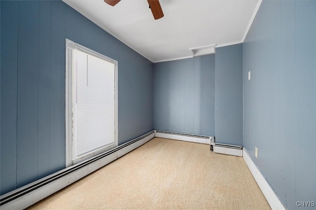 52 Front St, Norwich-City, NY 13815 - unfurnished room with crown molding, a ceiling fan, baseboards, baseboard heating, and carpet floors