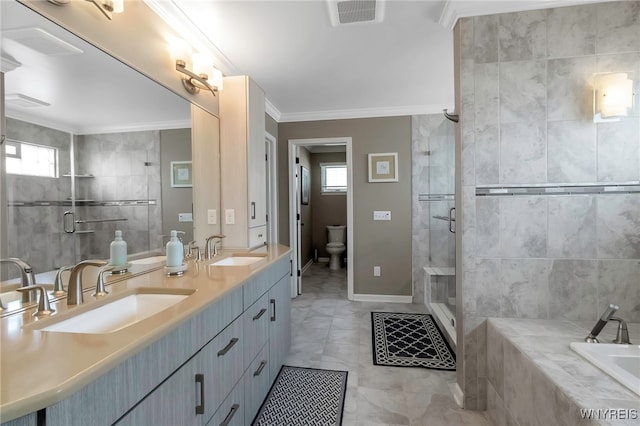 bathroom featuring visible vents, a shower stall, ornamental molding, and a sink