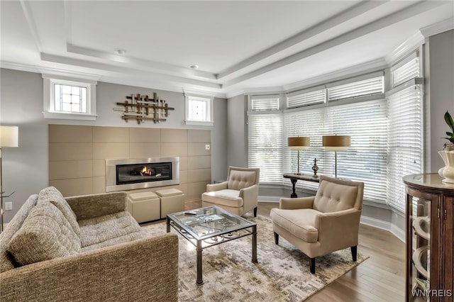 living area with baseboards, wood finished floors, a tiled fireplace, and a raised ceiling