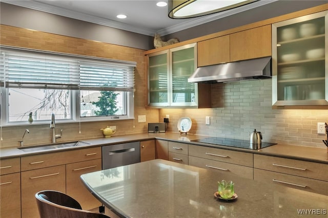 kitchen featuring black electric stovetop, under cabinet range hood, dishwasher, a sink, and crown molding