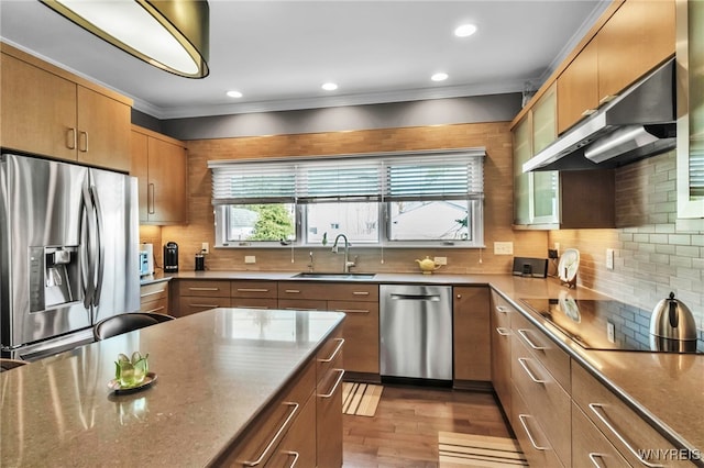 kitchen featuring under cabinet range hood, appliances with stainless steel finishes, ornamental molding, a sink, and dark wood-type flooring