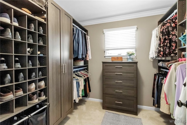 walk in closet featuring light colored carpet