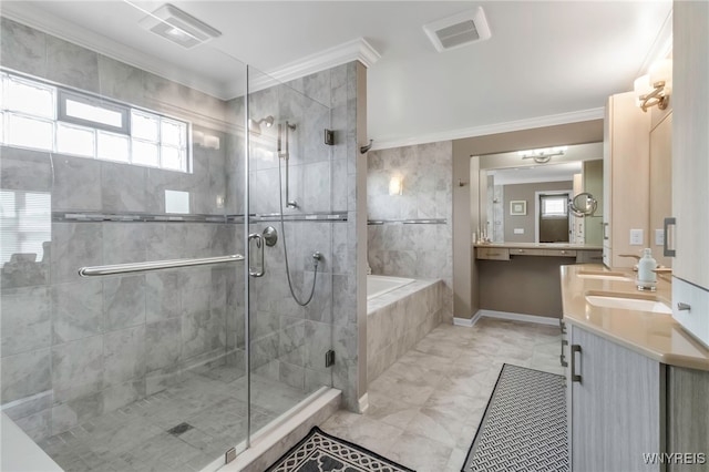 full bathroom featuring ornamental molding, a bath, visible vents, and a shower stall