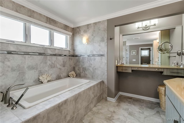 bathroom with baseboards, ornamental molding, and a garden tub