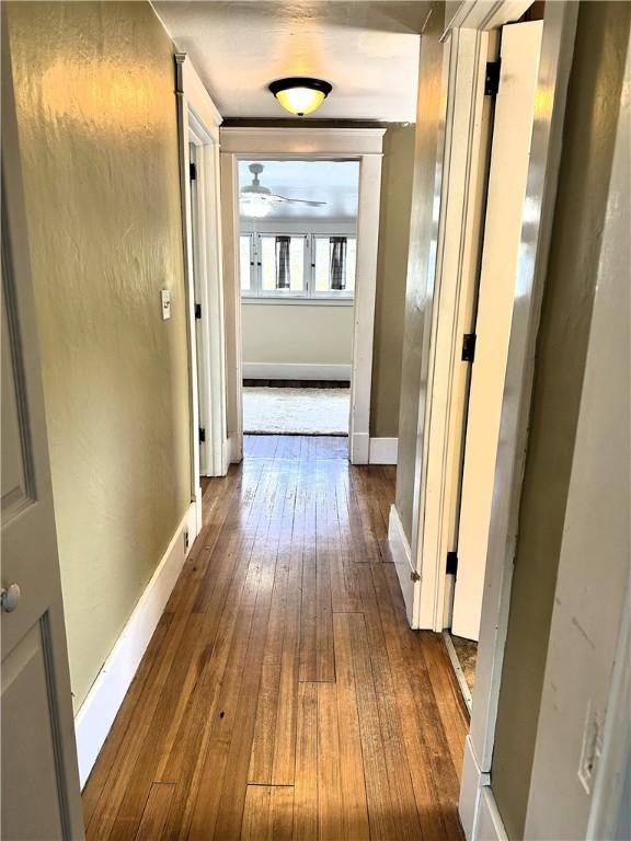 corridor with baseboards and wood-type flooring