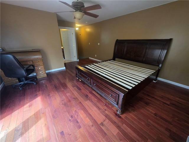 bedroom featuring baseboards, ceiling fan, and wood-type flooring