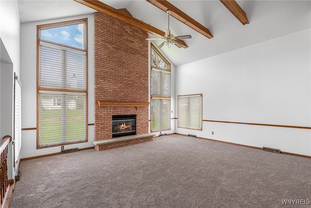 unfurnished living room featuring beamed ceiling, high vaulted ceiling, ceiling fan, carpet, and baseboards