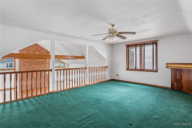 additional living space with carpet flooring, ceiling fan, and baseboards