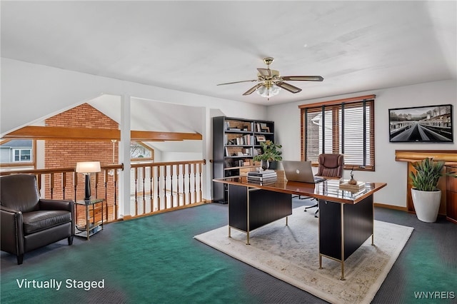 carpeted home office with ceiling fan