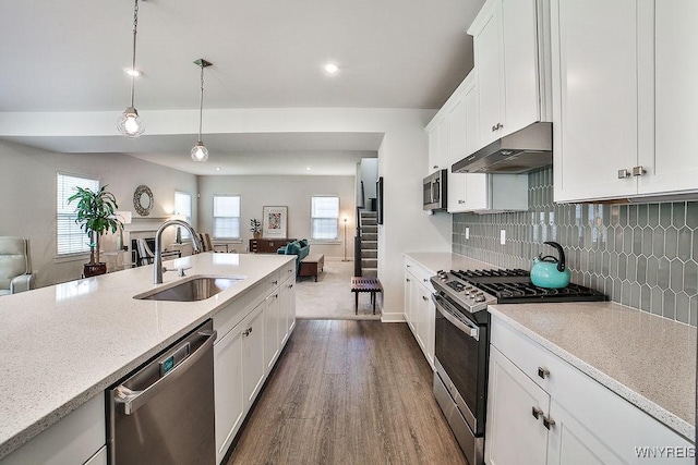 kitchen featuring a sink, appliances with stainless steel finishes, open floor plan, and under cabinet range hood