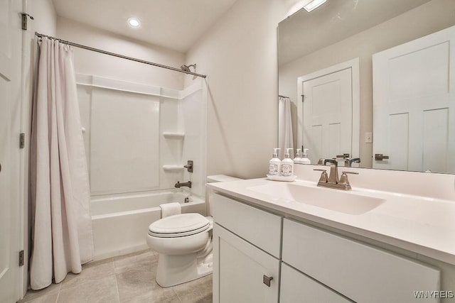full bathroom featuring recessed lighting, vanity, tile patterned floors, toilet, and shower / tub combo