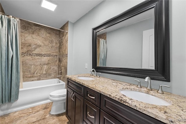 full bath with shower / bath combination with curtain, toilet, double vanity, and a sink