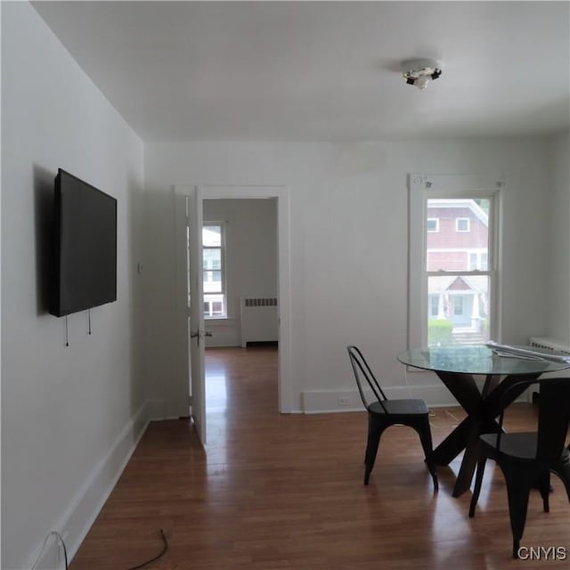 dining area featuring radiator, wood finished floors, and baseboards