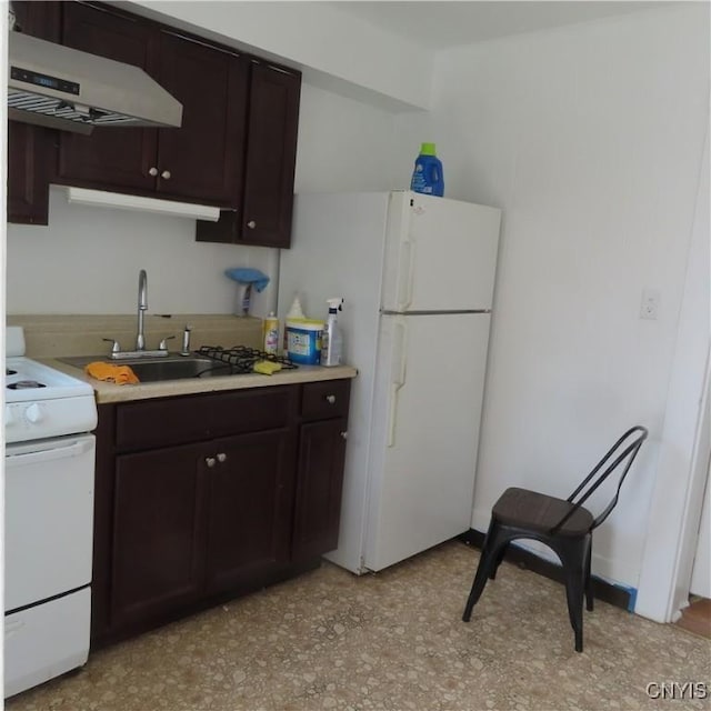 kitchen featuring dark brown cabinets, white appliances, exhaust hood, and a sink
