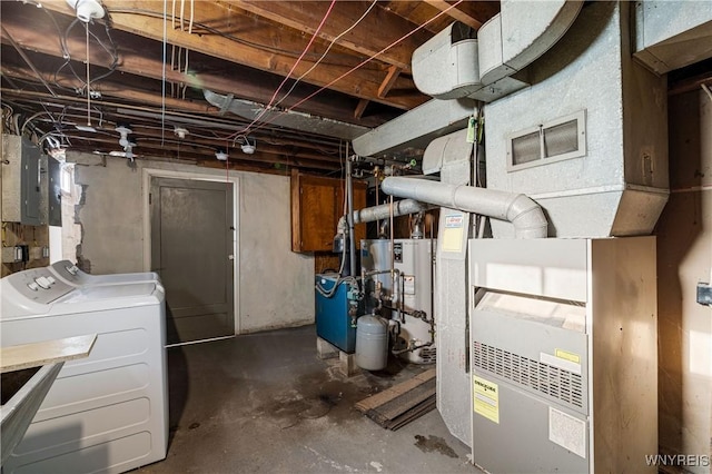unfinished below grade area featuring gas water heater, visible vents, washer and clothes dryer, and electric panel