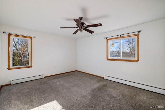 spare room featuring a healthy amount of sunlight, a baseboard heating unit, and carpet flooring