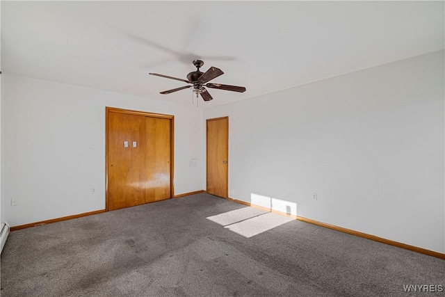 unfurnished bedroom featuring baseboards, ceiling fan, and carpet