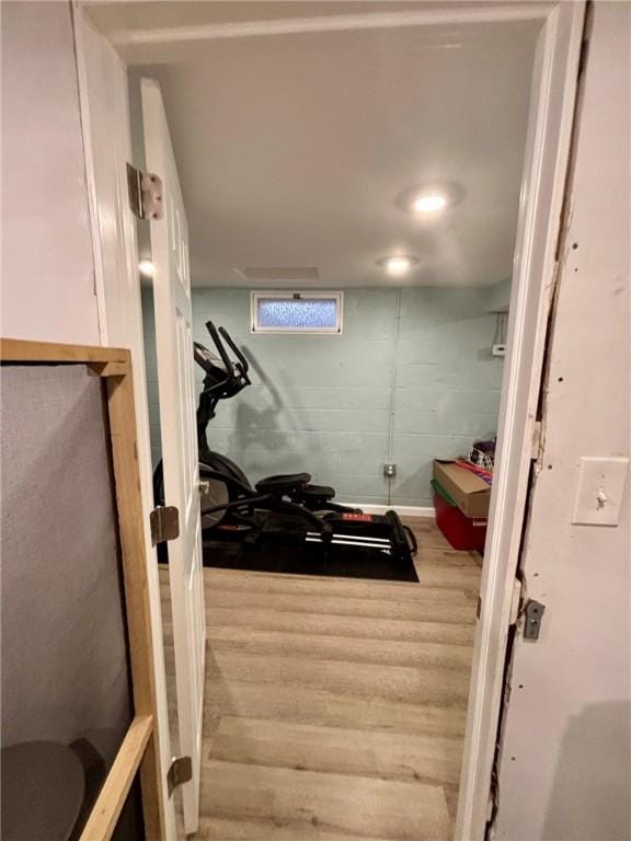 workout room featuring wood finished floors