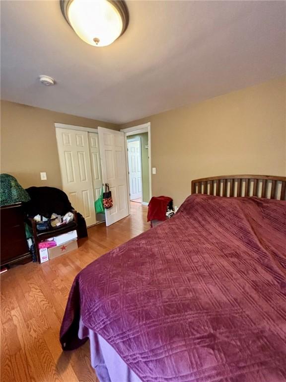bedroom with wood finished floors and a closet
