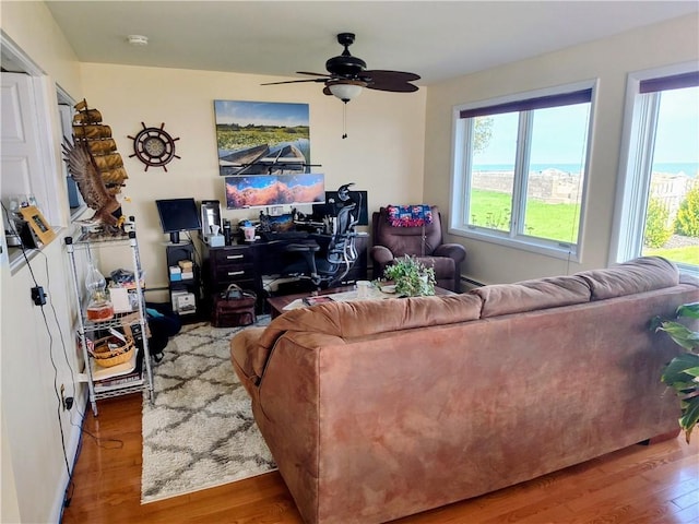 living area featuring wood finished floors and ceiling fan