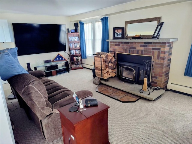carpeted living area featuring baseboard heating and a brick fireplace