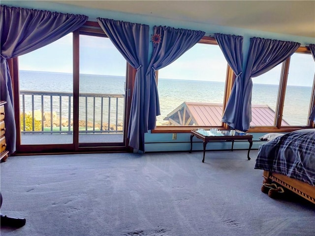 bedroom featuring baseboard heating, a water view, and carpet floors