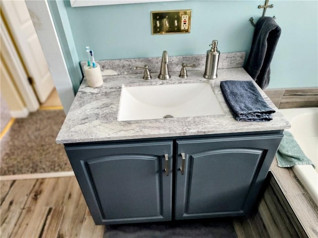 bathroom with wood finished floors and vanity