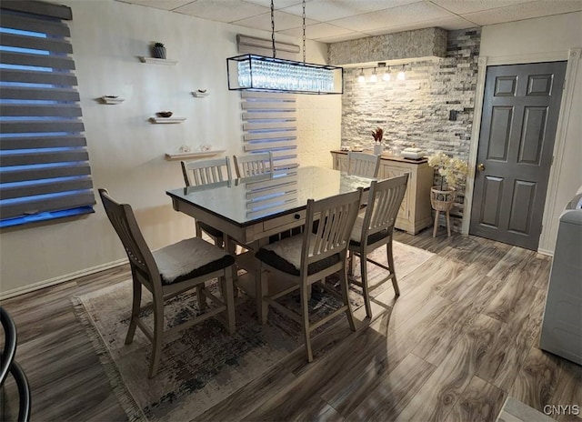 dining area featuring wood finished floors and a drop ceiling
