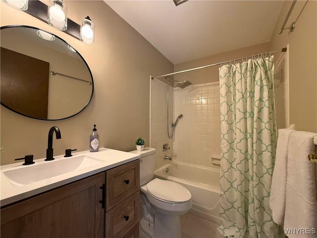 full bathroom with toilet, vanity, tile patterned floors, and shower / tub combo with curtain