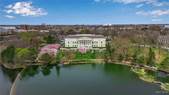 drone / aerial view featuring a water view