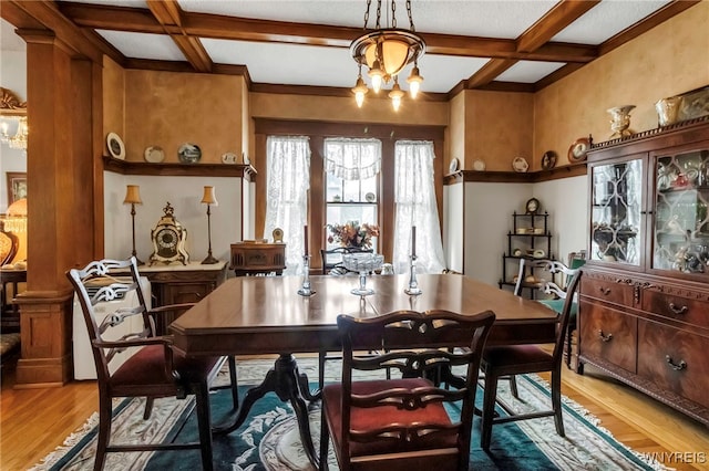 dining room featuring light wood-type flooring, beamed ceiling, and coffered ceiling
