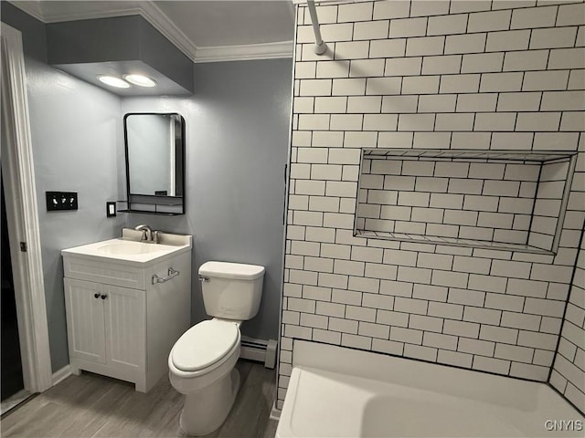 bathroom with crown molding, baseboard heating, walk in shower, toilet, and wood finished floors