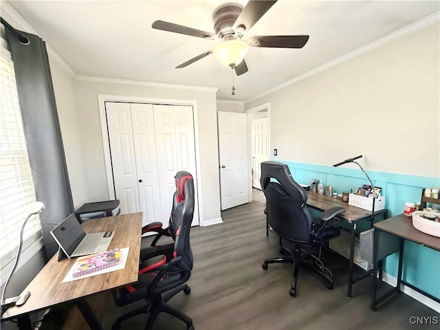 office area with wood finished floors, a ceiling fan, and ornamental molding