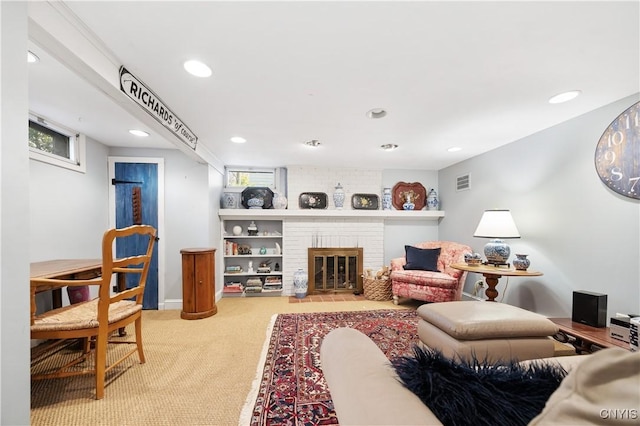 422 Salt Springs Rd, Manlius, NY 13066 - living area featuring a fireplace, visible vents, recessed lighting, and carpet floors