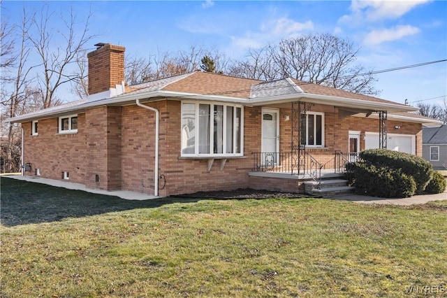 1631 Tuscarora Rd, Niagara, NY 14304 - view of front of home with a front yard, a chimney, brick siding, roof with shingles, and an attached garage