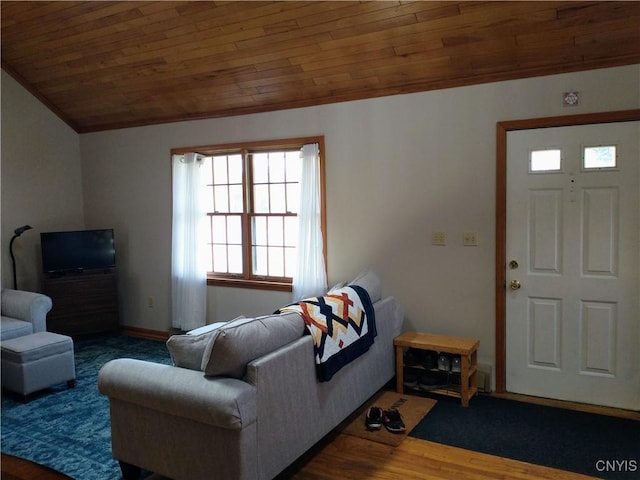 living area featuring wooden ceiling, wood finished floors, and lofted ceiling