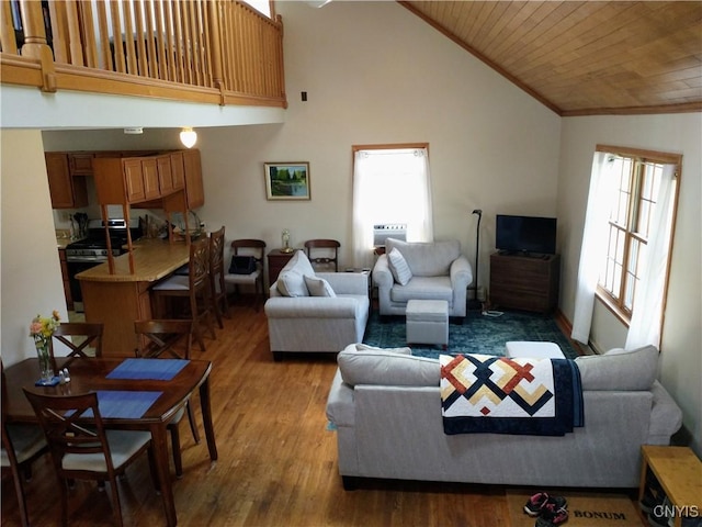 living room featuring crown molding, wooden ceiling, high vaulted ceiling, and wood finished floors