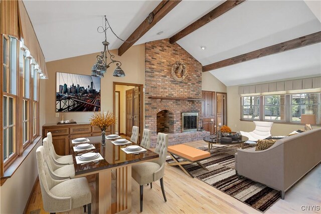 7266 Wakefield Dr, Manlius, NY 13066 - living room featuring a fireplace, high vaulted ceiling, beam ceiling, and light wood-type flooring