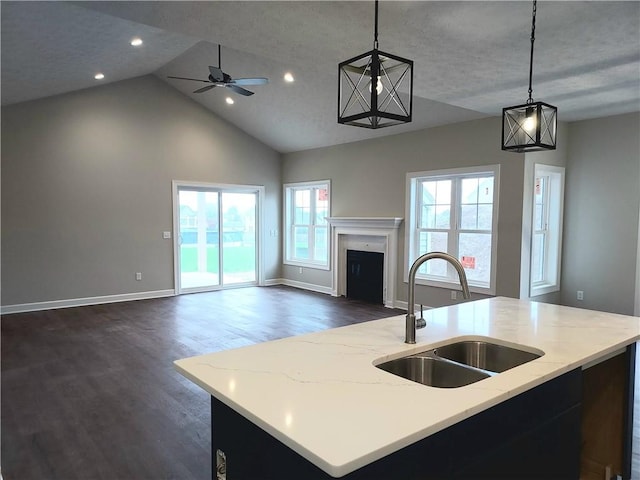 kitchen featuring open floor plan, a sink, a kitchen island with sink, and a healthy amount of sunlight