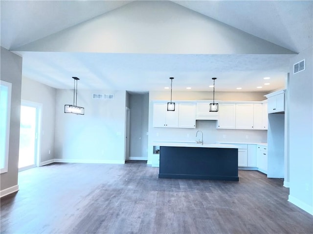 kitchen featuring baseboards, a center island with sink, wood finished floors, and visible vents