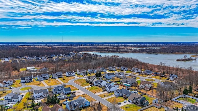 birds eye view of property featuring a water view and a residential view