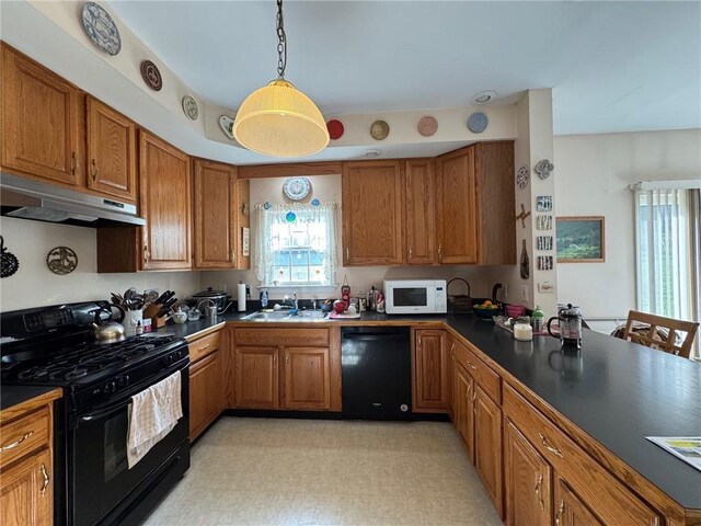 5876 Clearview Ln, Alfred, NY 14803 - kitchen featuring a sink, under cabinet range hood, brown cabinetry, black appliances, and dark countertops