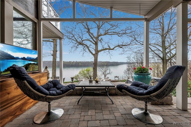 view of patio / terrace featuring a water view