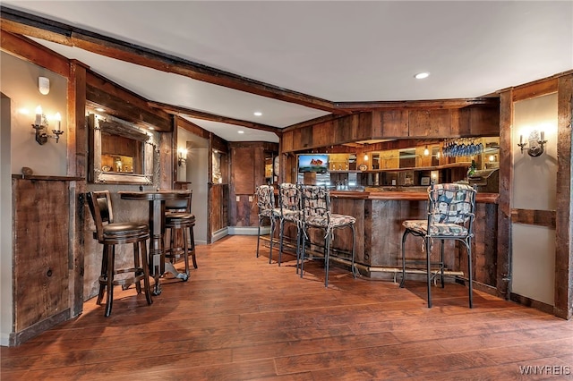 4482 Lower River Rd, Lewiston, NY 14092 - bar with wood-type flooring, beam ceiling, wooden walls, recessed lighting, and bar